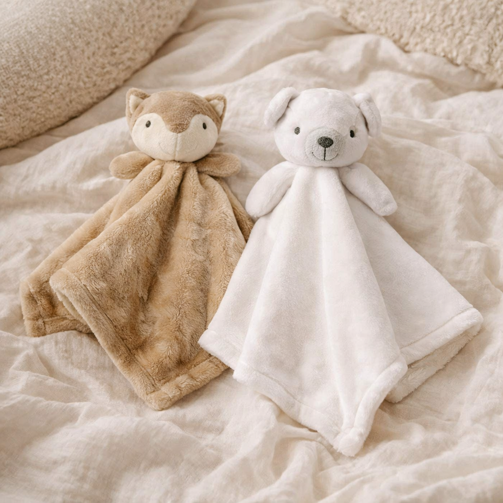 Doudous plats Doucenest renard beige et ours blanc posés sur lit — peluches plates bébé douces et sécurisées