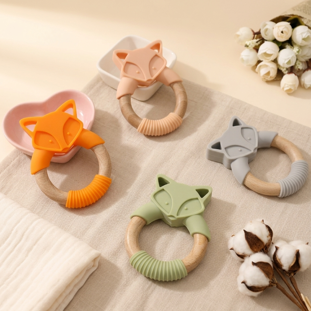 Anneau dentition bois silicone renard Doucenest — vue côté