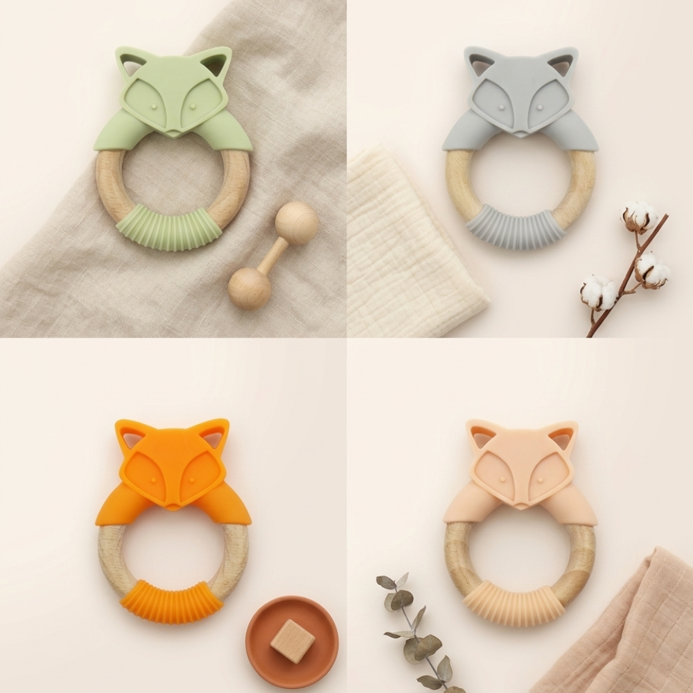 Anneau dentition bois silicone renard Doucenest — vue rapprochée