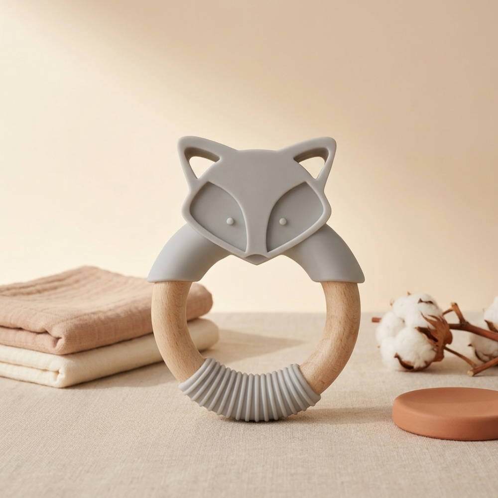 Anneau dentition bois silicone renard Doucenest — vue détail
