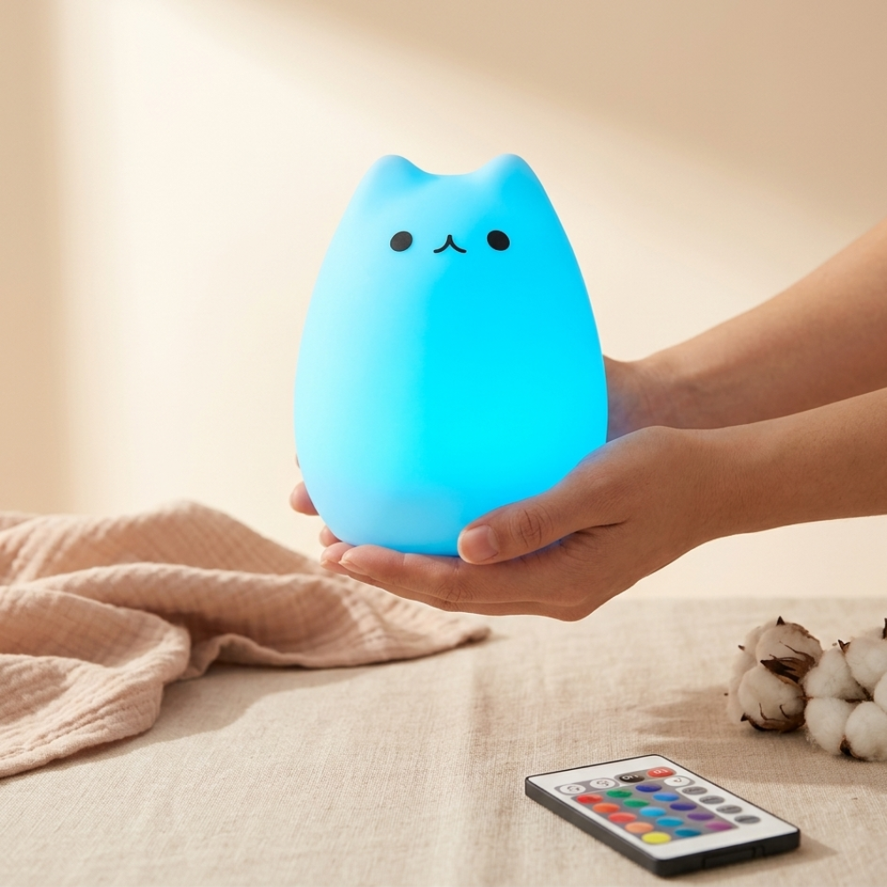 Veilleuse chat LED tactile Doucenest — vue détail silicone souple