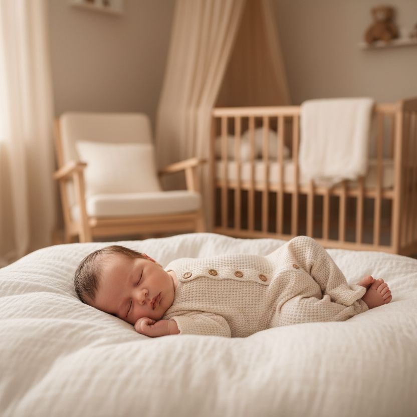 Nouveau-né endormi portant un body naissance coton gaufré Doucenest beige dans une chambre cosy