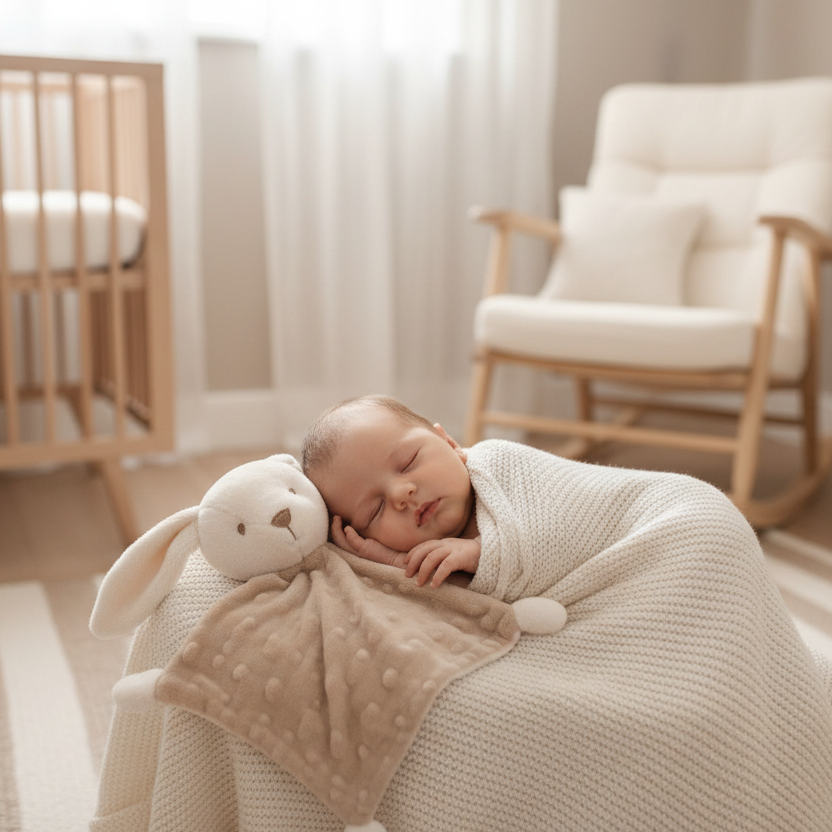 Bébé endormi avec doudou plat peluche lapin Doucenest — compagnon douceur nouveau-né chambre cosy